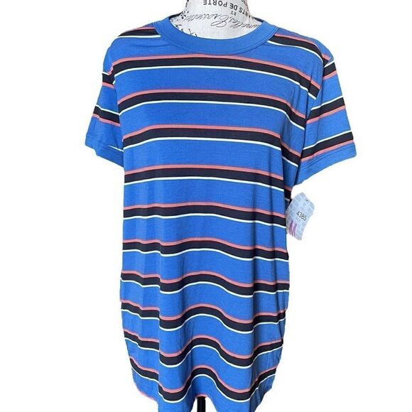 LuLaRoe Medium Liv Tee • Blue Shirt With Stripes • Very Short Sleeves • BNWT - Picture 2 of 14